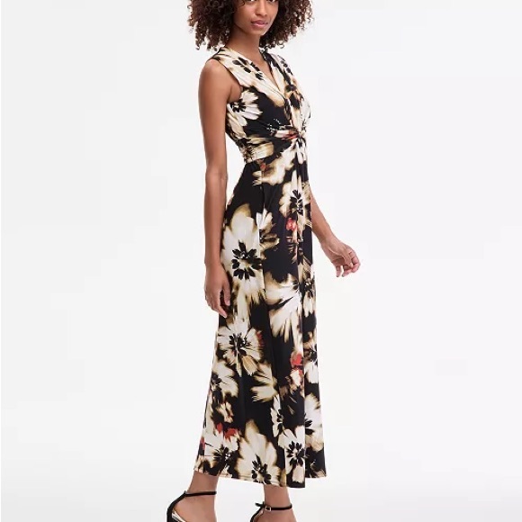 Anne Klein Black Cream Floral Maxi Dress L Large Sleeveless Event Wedding - Picture 2 of 12